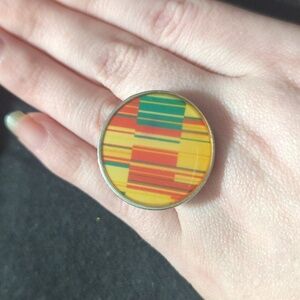 Silver Tone Yellow Red Green Geometric Print Round Flat Statement Cocktail Ring